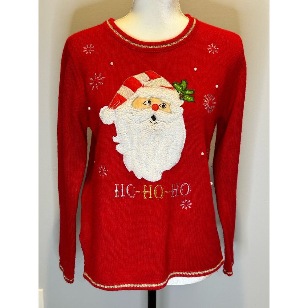 Christmas sweater Santa pearls, embroidery, bell gold metallic stripe trim Sz S